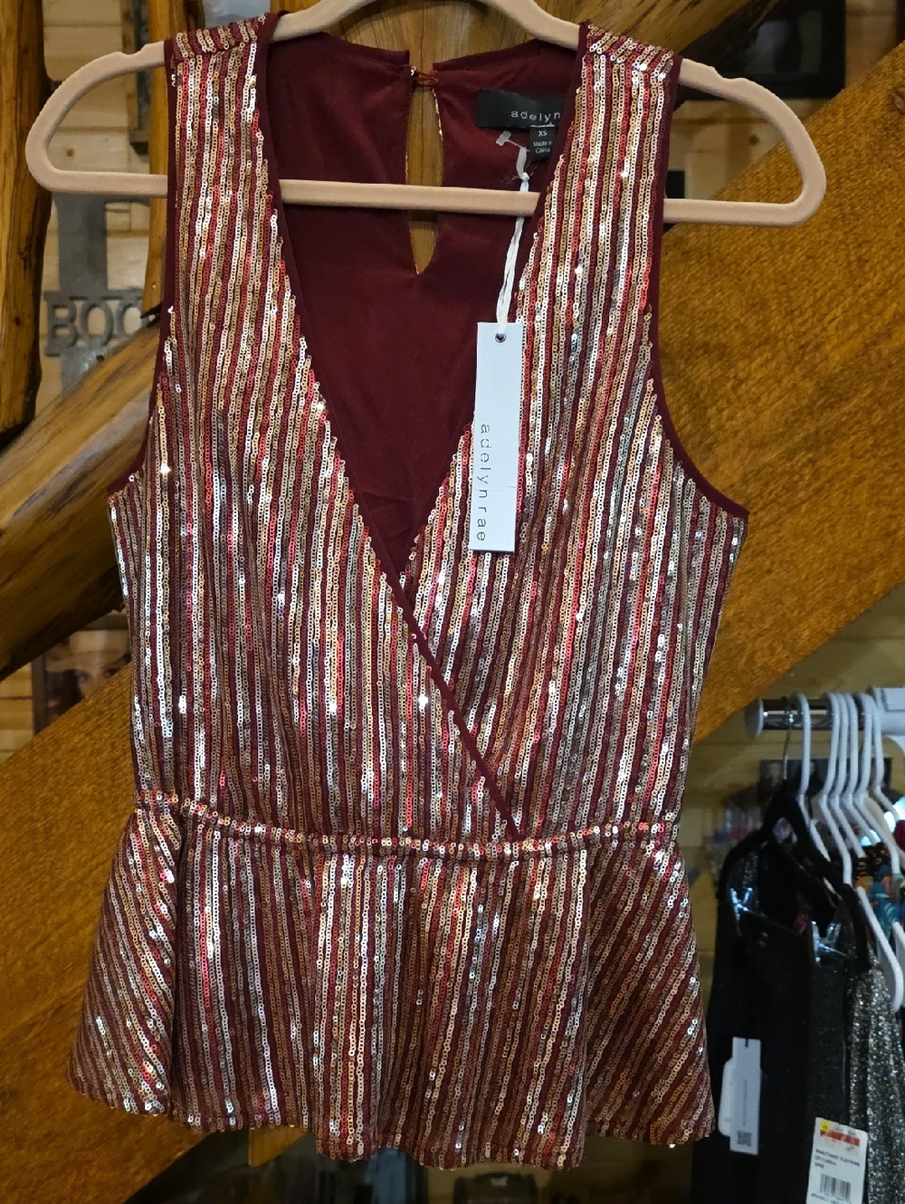 Agdelyn Rae Burgundy & Gold Sequin Peplum Top